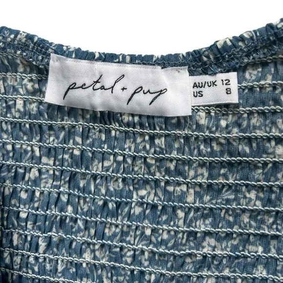 Petal & Pup Smocked Tiered Puff Sleeve Floral Blue White Mini Dress Size 8 - Picture 7 of 11